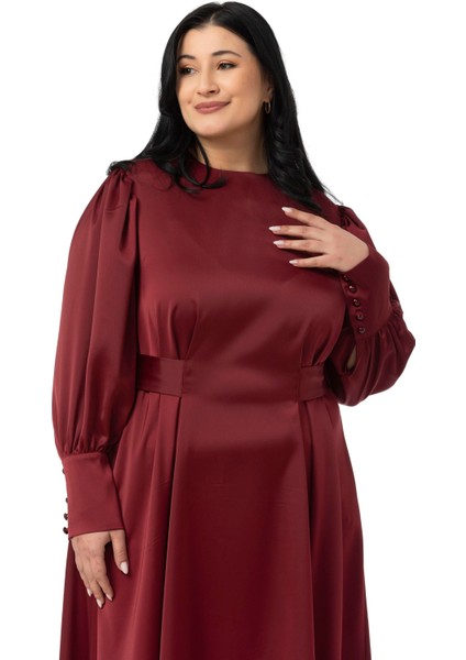 Büyük Beden Büzgülü Kollu Kuşak Detaylı Uzun Saten Bordo Elbise fırsatları