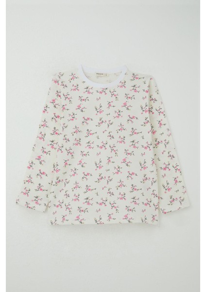 Kız Çocuk Pijama Takımı Çiçek Baharı 4-8 Yaş, Ekru