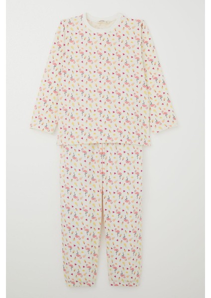 Kız Çocuk Pijama Takımı Tropikal Meyve & Flamingo Desenli 4-8 Yaş, Ekru