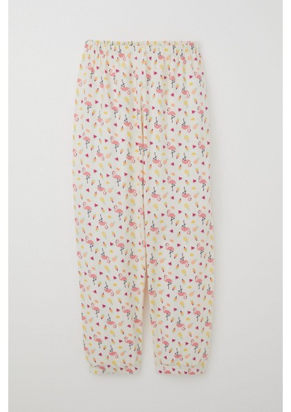 Kız Çocuk Pijama Takımı Tropikal Meyve & Flamingo Desenli 4-8 Yaş, Ekru