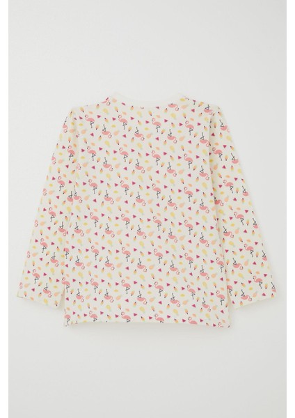 Kız Çocuk Pijama Takımı Tropikal Meyve & Flamingo Desenli 4-8 Yaş, Ekru