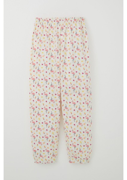 Kız Çocuk Pijama Takımı Tropikal Meyve & Flamingo Desenli 4-8 Yaş, Ekru