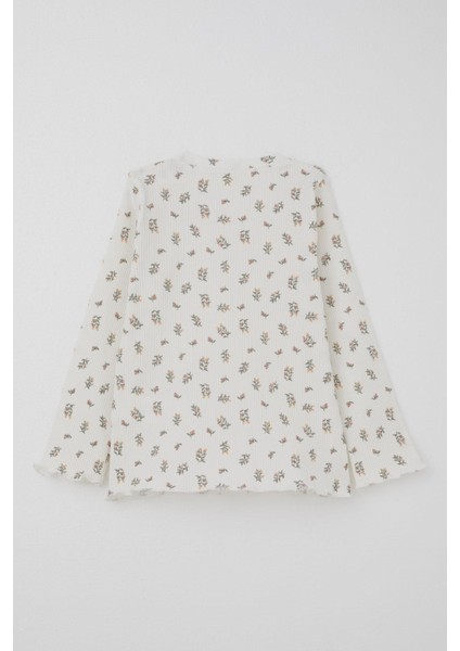 Kız Bebek Pijama Takımı Çiçek Desenli Omuzu Düğmeli 9 Ay-3 Yaş, Ekru