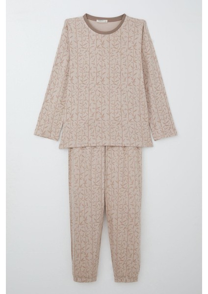Kız Çocuk Pijama Takımı Bambu Çiçeği Desenli 9-12 Yaş, Bej