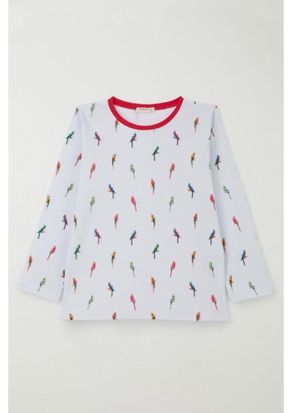 Kız Çocuk Pijama Takımı Papağan Neşesi 9-12 Yaş, Beyaz