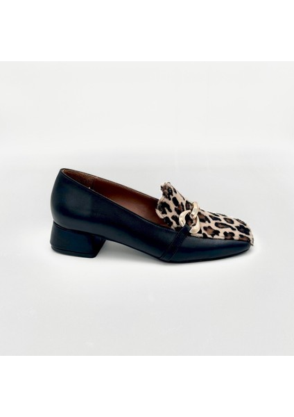 Deri Leopar Desenli Kadın Topuklu Loafer