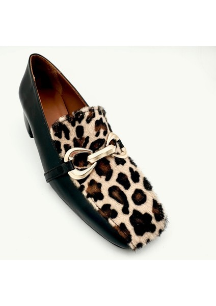 Deri Leopar Desenli Kadın Topuklu Loafer modelleri