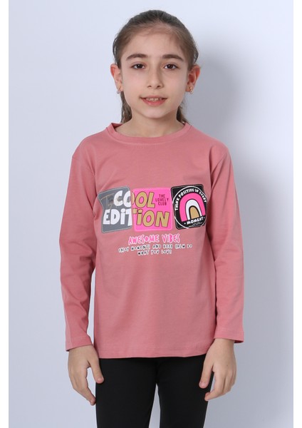 Kız Çocuk Uzun Kollu Tshirt 4 Mevsim Bisiklet Yaka Cool Edition Baskılı D45