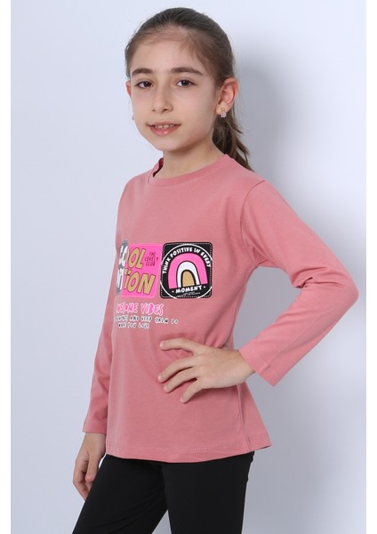 Kız Çocuk Uzun Kollu Tshirt 4 Mevsim Bisiklet Yaka Cool Edition Baskılı D45 modelleri