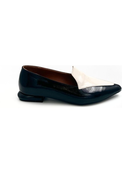 Siyah & Bej Rugan Deri Kadın Loafer