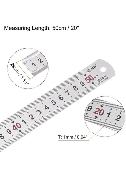 50CM ( 20 Inch ) - Çift Taraflı Paslanmaz Çelik Metal Cetvel - Kalınlık 1mm