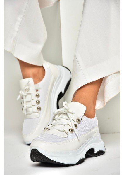U239032604 Beyaz Kumaş Kalın Tabanlı Spor Ayakkabı Sneakers