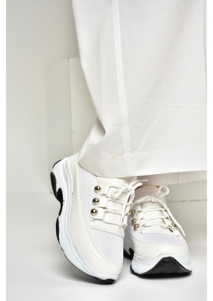 U239032604 Beyaz Kumaş Kalın Tabanlı Spor Ayakkabı Sneakers