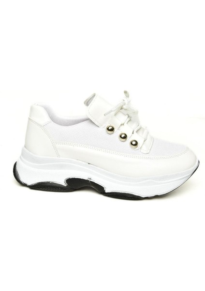 U239032604 Beyaz Kumaş Kalın Tabanlı Spor Ayakkabı Sneakers