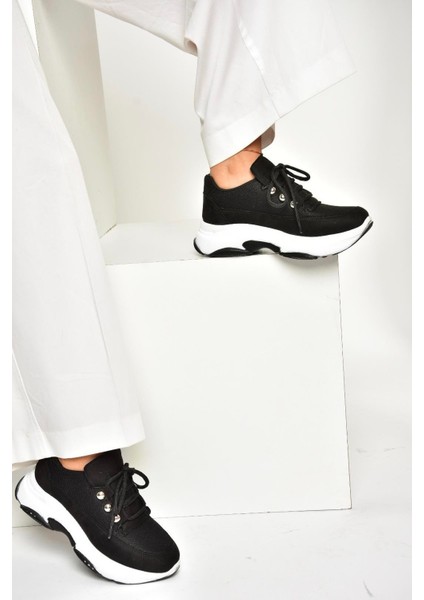 U239032604 Siyah Kumaş Kalın Tabanlı Spor Ayakkabı Sneakers