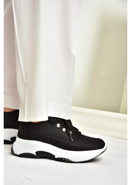 U239032604 Siyah Kumaş Kalın Tabanlı Spor Ayakkabı Sneakers