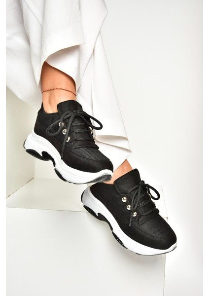 U239032604 Siyah Kumaş Kalın Tabanlı Spor Ayakkabı Sneakers