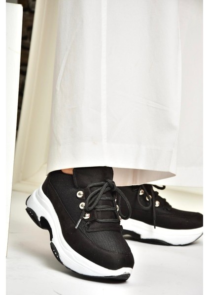 U239032604 Siyah Kumaş Kalın Tabanlı Spor Ayakkabı Sneakers