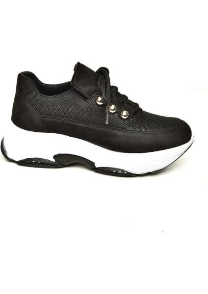 U239032604 Siyah Kumaş Kalın Tabanlı Spor Ayakkabı Sneakers