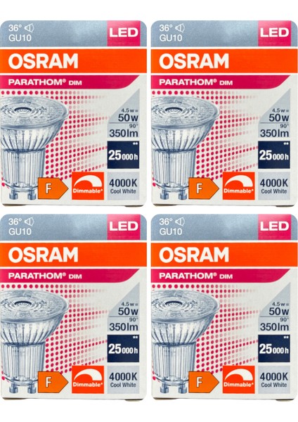 (4 adet) Ledvance 4,5W (50W) 4000K (Gün Işığı) Dim Edilebilir GU10 DUYLU LED Spot Ampul