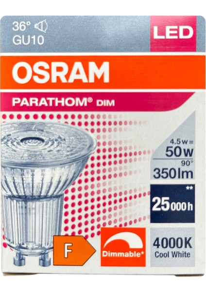 (4 adet) Ledvance 4,5W (50W) 4000K (Gün Işığı) Dim Edilebilir GU10 DUYLU LED Spot Ampul