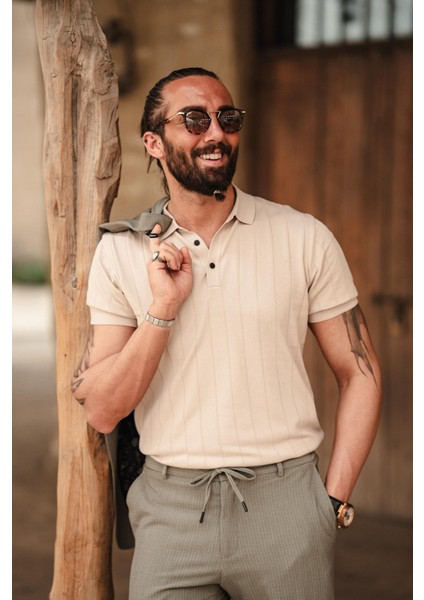 Kendinden Desenli Polo Yaka Triko