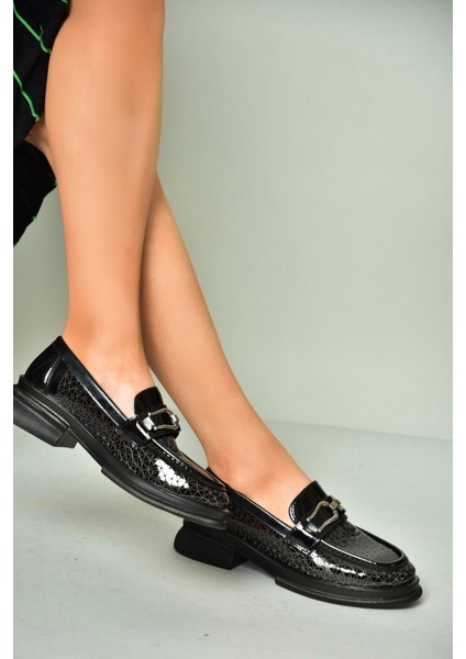U704126508 Siyah Rugan Loafer Makosen Kadın Ayakkabı