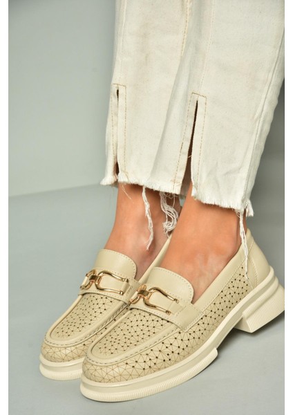 U704126509 Bej Loafer Makosen Kadın Ayakkabı