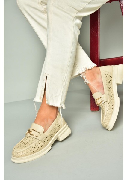 U704126509 Bej Loafer Makosen Kadın Ayakkabı