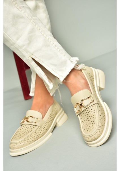 U704126509 Bej Loafer Makosen Kadın Ayakkabı