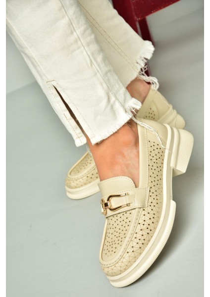 U704126509 Bej Loafer Makosen Kadın Ayakkabı