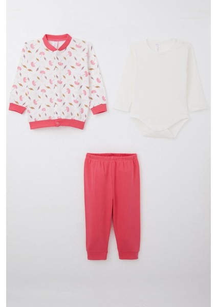 Kız Bebek Zıbınlı 3 Lü Takım Çiçek Desenli 4 Ay-1 Yaş, Beyaz