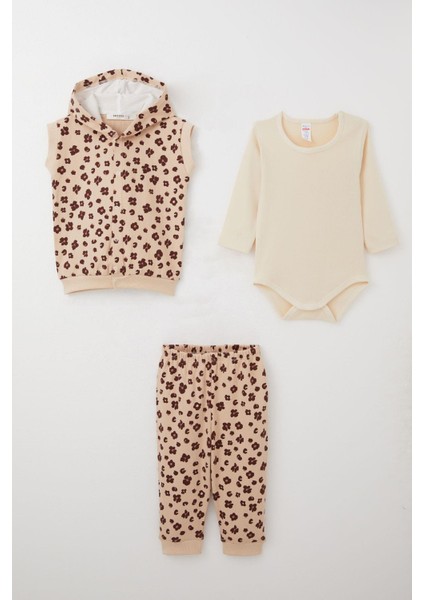 Kız Bebek Zıbınlı 3 Lü Takım Çiçek Desenli Yelekli 4 Ay-1 Yaş, Bej