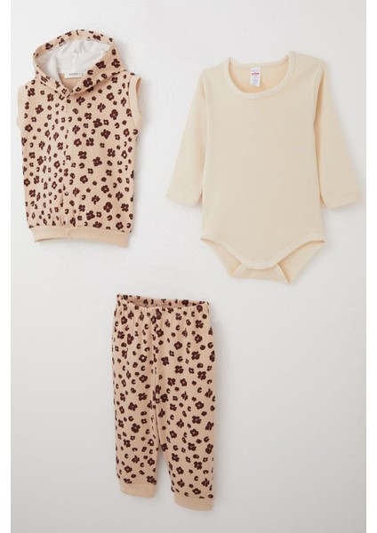 Kız Bebek Zıbınlı 3 Lü Takım Çiçek Desenli Yelekli 4 Ay-1 Yaş, Bej fiyatları