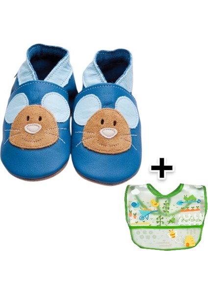 İkili Set, 6-18 Ay Iplay Mama Önlüğü ve 0-6 Ay Bebek Squeak Blue El Yapımı Hakiki Deriden Patik