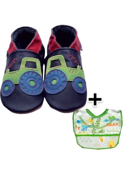 İkili Set, 6-18 Ay Iplay Mama Önlüğü ve 0-6 Ay Bebek Traktor Navy El Yapımı Hakiki Deriden Patik