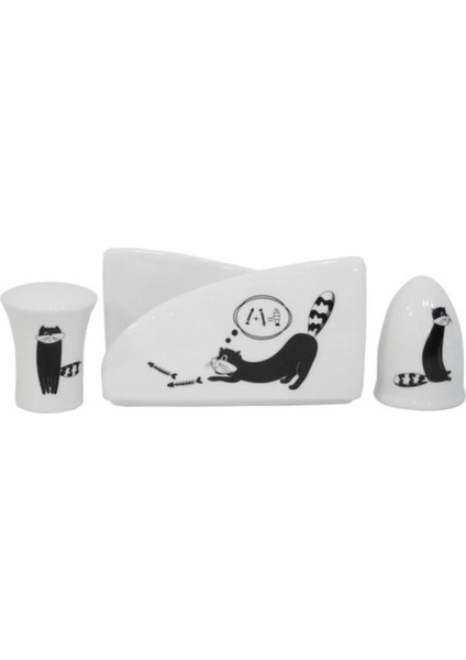 Tuzluk Biberlik Peçetelik 3'lü Set Ev Sofra Mutfak Happy Cats Porselen Koleksiyonluk Siyah Beyaz