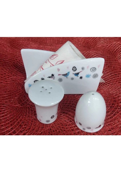 Tuzluk Biberlik Peçetelik 3'lü Set Ev Sofra Mutfak Happy Cats Porselen Koleksiyonluk Siyah Beyaz