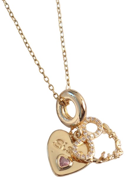 316L Çelik Gold Renk Zirkon Taşlı Sonsuzluk Kalp Figür Charm Model Kadın Kolye