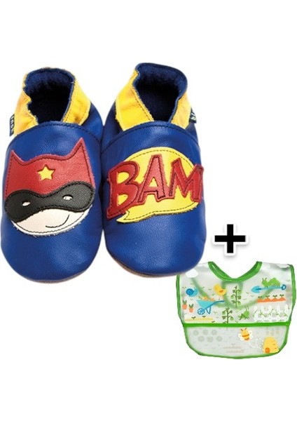 İkili Set, 6-18 Ay Iplay Mama Önlüğü ve 0-6 Ay Bebek Superhero Cobalt El Yapımı Hakiki Deriden Patik