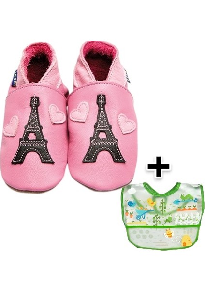 İkili Set, 6-18 Ay Iplay Mama Önlüğü ve 6-12Ay Bebek Eiffel Tower Rose El Yapımı Hakiki Deriden Patik