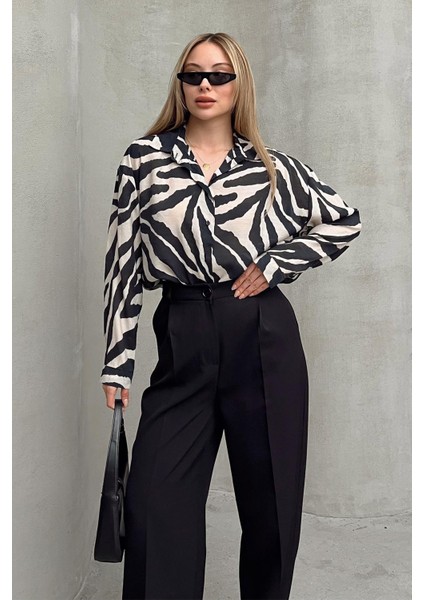 Zebra Desenli Salaş Gömlek Siyah-Taş 9320