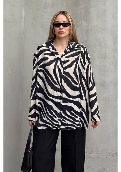 Zebra Desenli Salaş Gömlek Siyah-Taş 9320