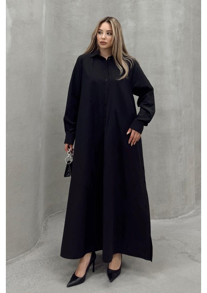 Yanları Düğme Detaylı Salaş Poplin Elbise Siyah 9316-E