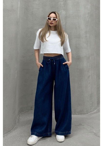 Beli Lastikli Salaş Yumuşak Kot Pantolon Koyu Mavi 7576