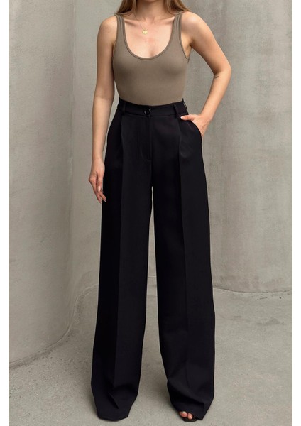 Yüksek Bel Bol Paça Palazzo Pantolon Siyah 7577 fiyatları