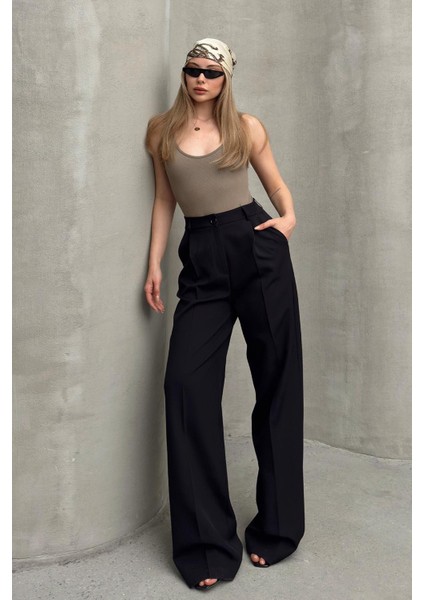 Yüksek Bel Bol Paça Palazzo Pantolon Siyah 7577 indirimleri