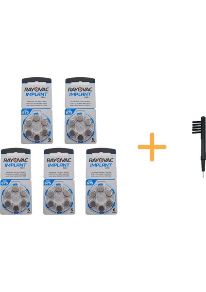 Koklear Implant Işitme Cihazı Pili, Rayovac 675CP Implant Pro+ (5 Paket x 6 Adet = 30 Adet Pil) + Hediye Mıknatıslı Işitme Cihazı Temizleme Fırçası