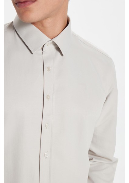 Erkek Modern Slim Fit Pamuklu Düz Bej Gömlek modelleri