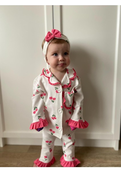Lale Temalı Bebe Yakalı Pamuk Fırfır Detaylı Bandanalı 3'lü Pijama Takım